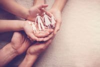 Hands of a family holding a paper cut out of a family.